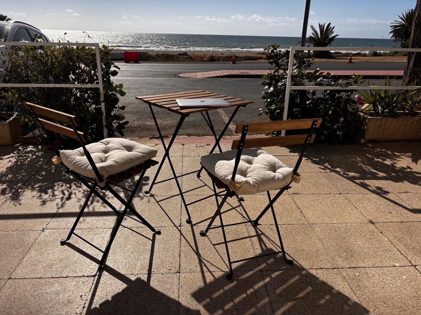 The outdoor terrace at our beachfront office in Mojácar Playa